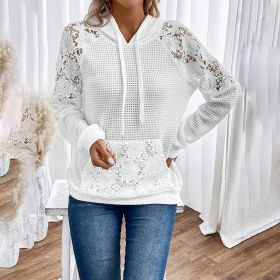 Women's Solid Color Casual Hooded Sweatshirt With Lace-Trimmed Sheer Sleeves & Large Lace Pockets, Pullover Hoodie (Option: White-S)