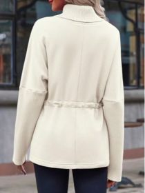 Fisoew Women's Turtleneck Sweatshirts Fleece Drawstring Waist Casual Long Sleeve Pullover Sweater Side Slit Tunic Tops (Option: Beige-S)