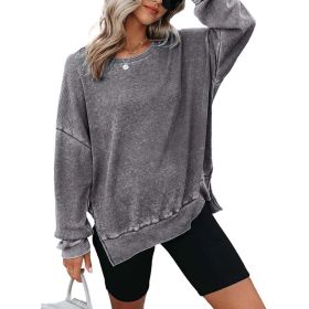 Womens Waffle Knit Crewneck Sweatshirts Long Sleeve Side Slits Casual Pullover Sweatshirt Tops (Option: Gray-S)