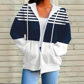 Plus Size Women's Long Sleeve Drawstring Hooded Sweatshirt With Color Block Stripes & Zip Front Pocket For Spring Fall (Option: Dark blue-1XL)